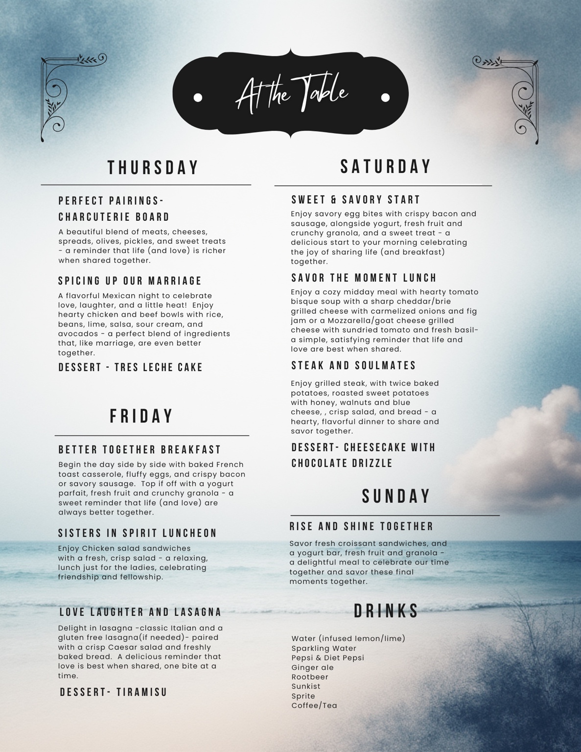 At the Table: your Thursday–Sunday menu. Full meal details follow below.